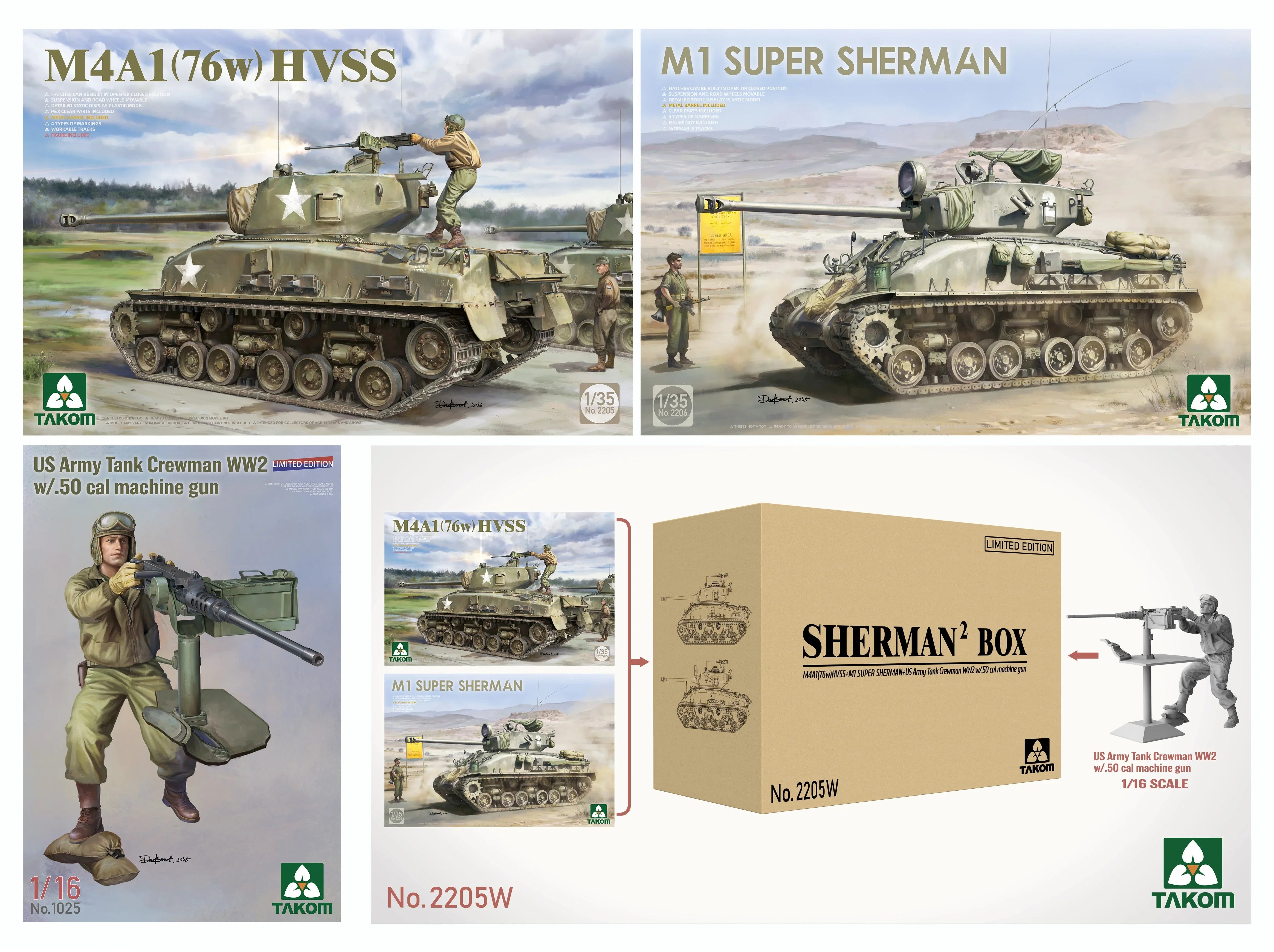 Takom 2205W Sherman² Box (2 Kits + 1/16 US Army Tank Crewman Figure) 1/35 Model Kit - A-Z Toy Hobby
