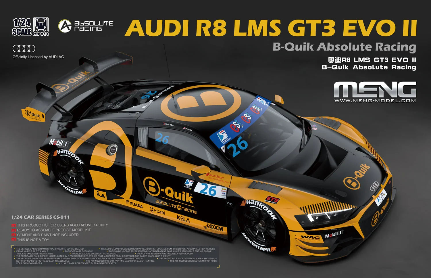Meng CS-011 Audi R8 LMS GT3 EVO II B-Quik Absolute Racing 1/24 Model ...
