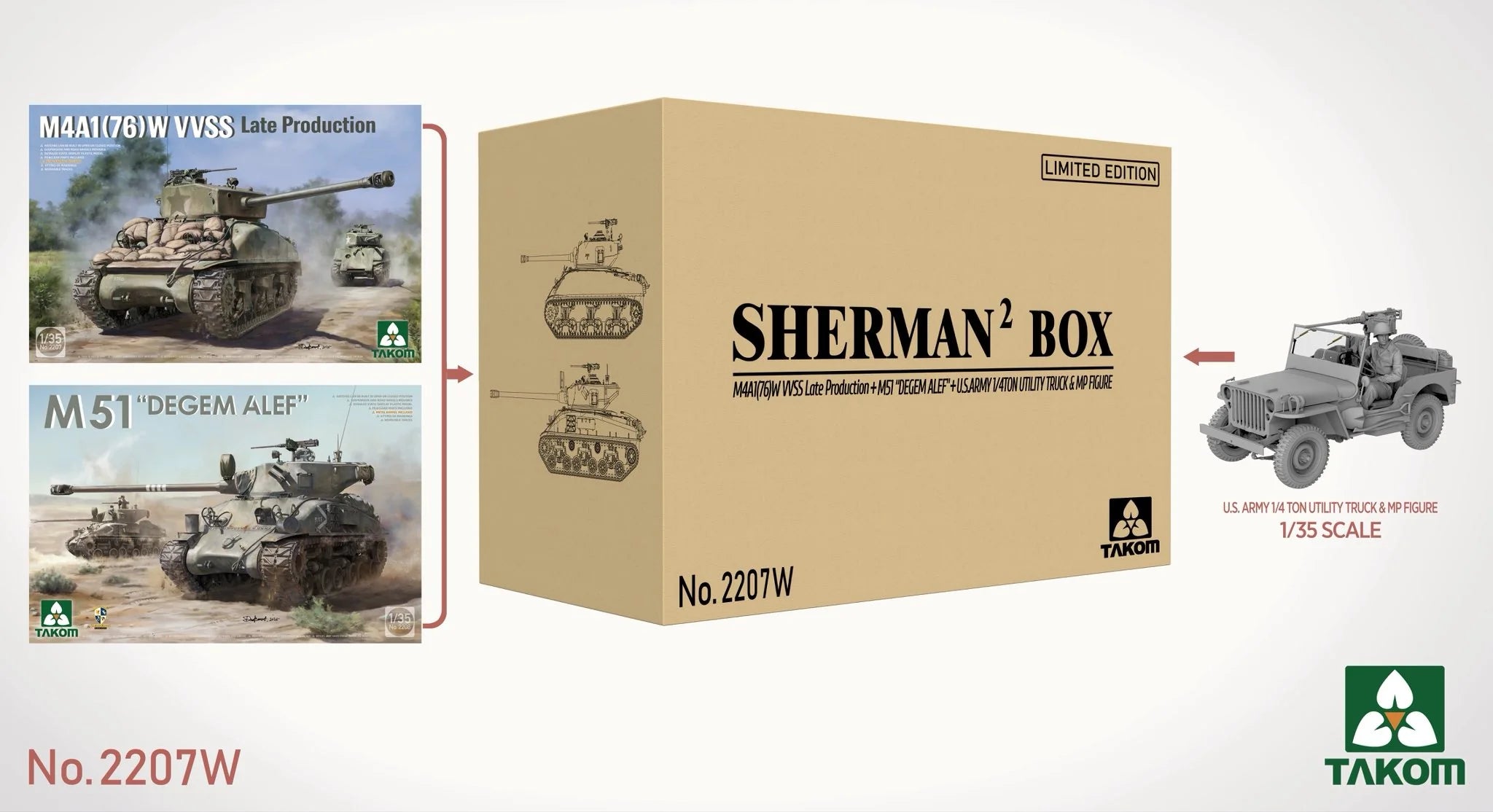 Takom 2207W Sherman 2 Box (2 Sherman Kits + Jeep) 1/35 Model Kit