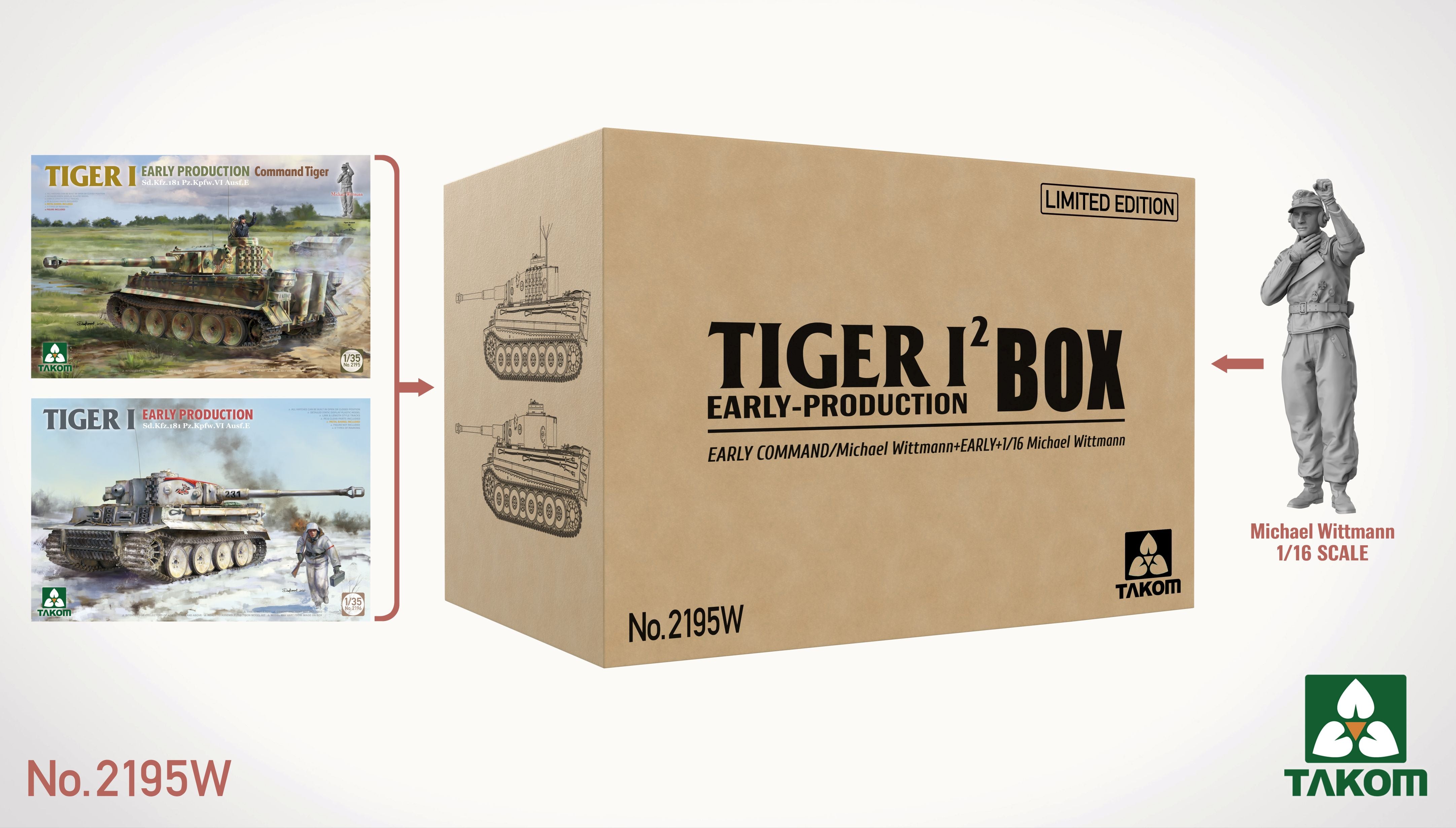 Takom 2195W Tiger I Early Production Box (2 kits + 1/16 Michael Wittman Figure) 1/35 Model Kit