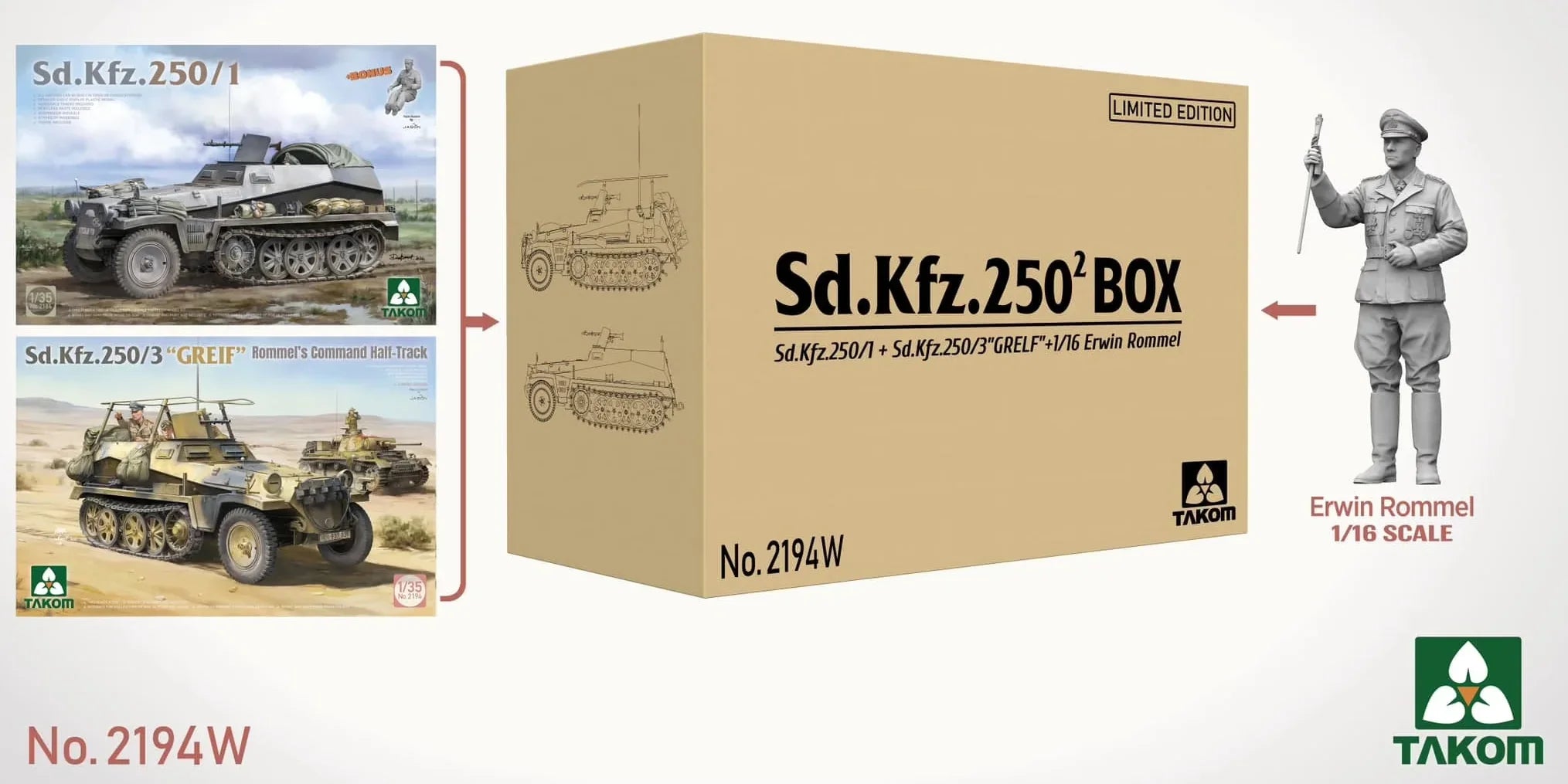 Takom Sd.Kfz.250 Box Sd.Kfz.250/1+Sd.Kfz.250/3"GREIF"+1/16 Erwin Rommel 1/35 Model Kit - A-Z Toy Hobby