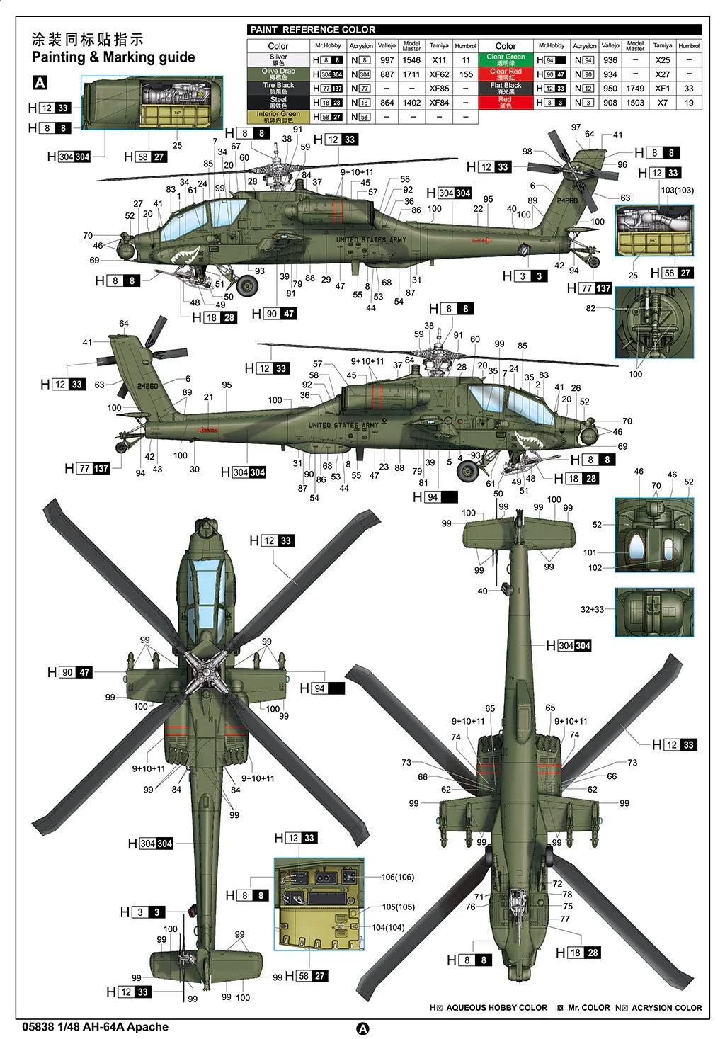 Trumpeter 05838 AH-64A Apache Helicopter 1/48 Model Kit - A-Z Toy Hobby