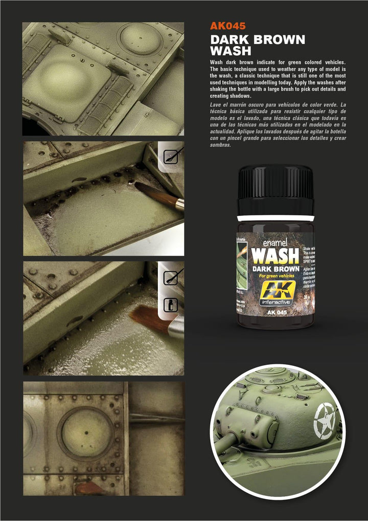 AK Interactive AK045 Weathering Dark Brown Wash For Green Vehicles Enamel 35ml - A-Z Toy Hobby