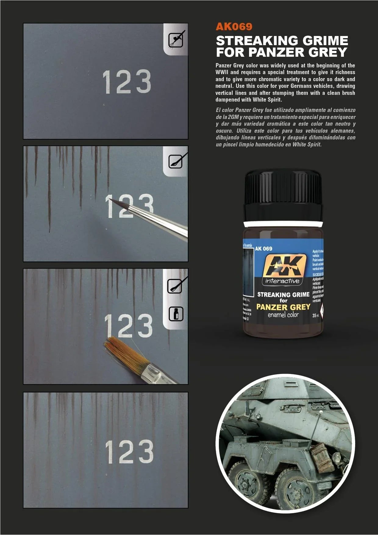 AK Interactive AK069 Weathering Streaking Grime for Panzer Gray Vehicles Enamel 35ml - A-Z Toy Hobby