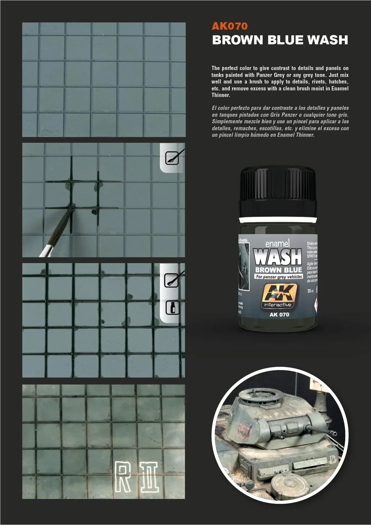 AK Interactive AK070 Weathering Brown Blue Wash for Panzer Gray Vehicles Enamel 35ml - A-Z Toy Hobby