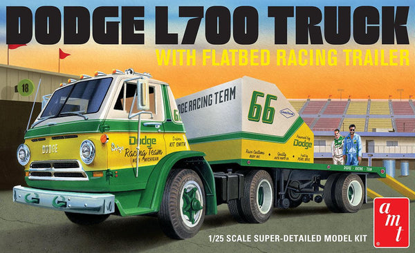 AMT 1966 Dodge L700 Truck w/Flatbed Racing Trailer 1/25 Model Kit - A-Z Toy Hobby