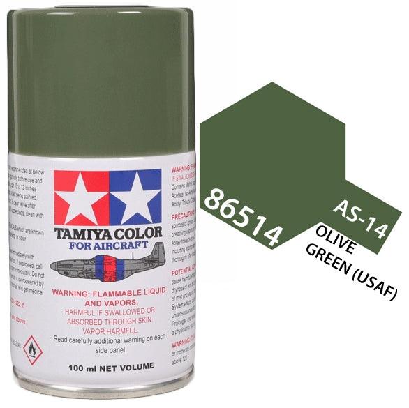 Tamiya 86514 AS-14 Olive Green (USAF) Aircraft Lacquer Spray Paint 100ml - A-Z Toy Hobby