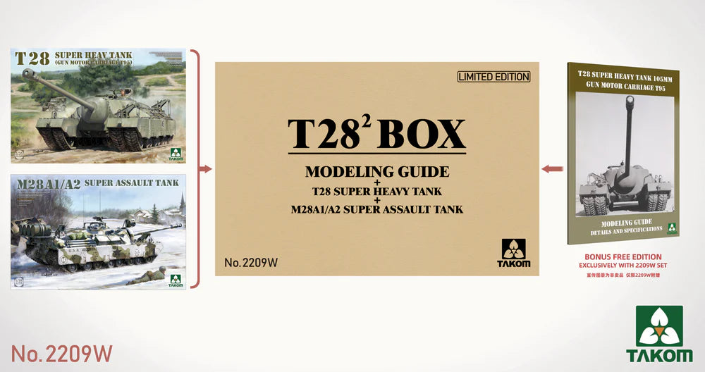 Takom 2209W T28 Box (T-28 + M28A1/A2 + Modelling Guide) 1/35 Model Kit