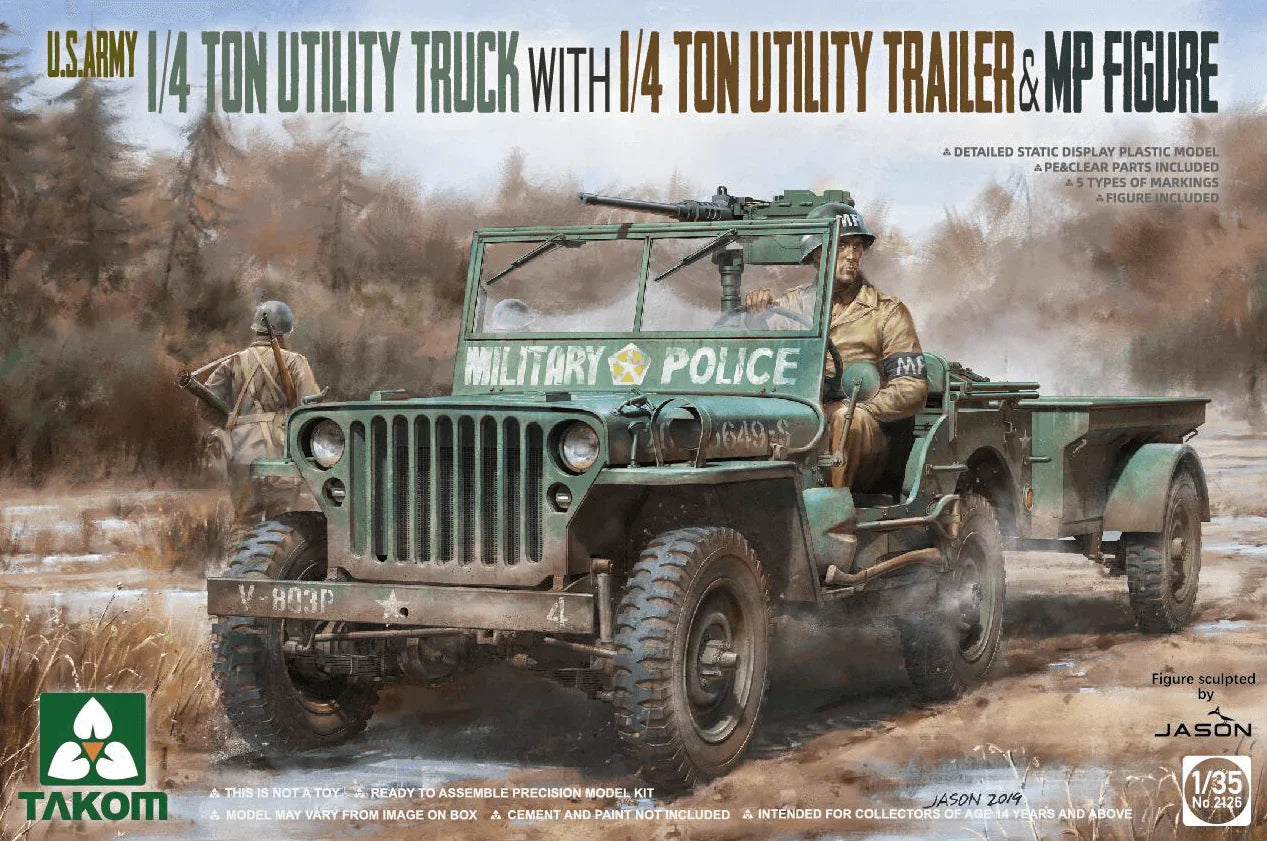 Takom 2126 U.S. 1/4 Ton Utility Truck w/ 1/4 Ton Utility Trailer & MP Figure 1/35 Model Kit - A-Z Toy Hobby