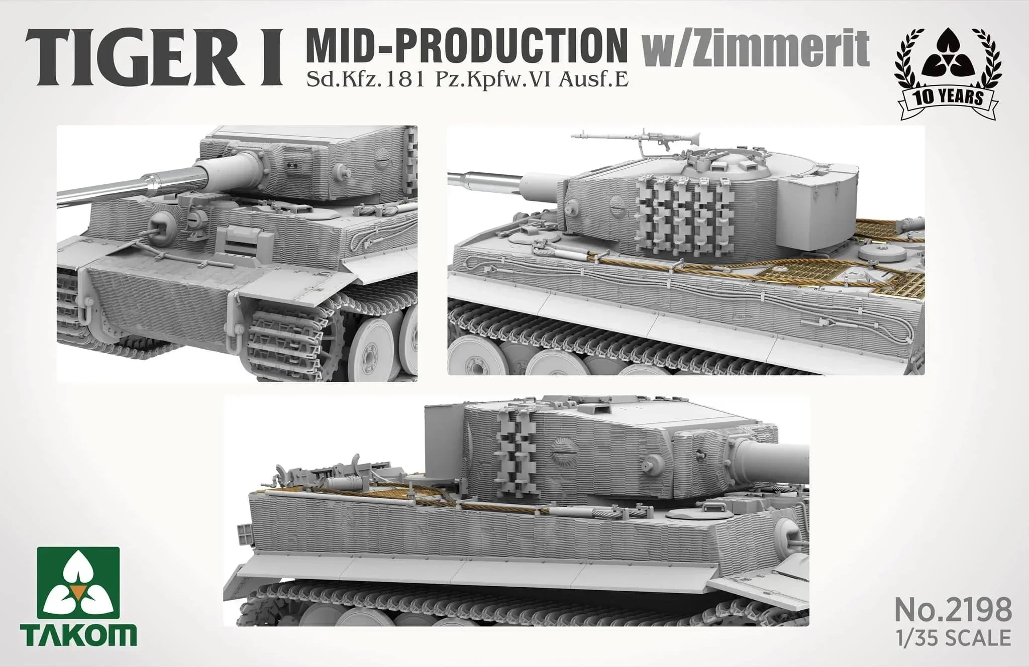 Takom 2198 Tiger I Mid Production w/Zimmerit Sd.Kfz.181 Pz.Kpfw.VI Ausf.E 1/35 Model Kit - A-Z Toy Hobby