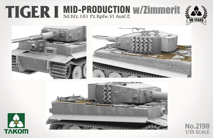Takom 2198 Tiger I Mid Production w/Zimmerit Sd.Kfz.181 Pz.Kpfw.VI Ausf.E 1/35 Model Kit - A-Z Toy Hobby