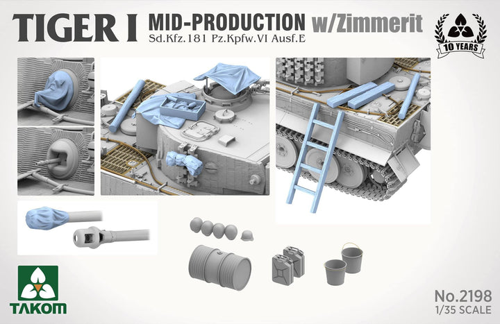Takom 2198 Tiger I Mid Production w/Zimmerit Sd.Kfz.181 Pz.Kpfw.VI Ausf.E 1/35 Model Kit - A-Z Toy Hobby