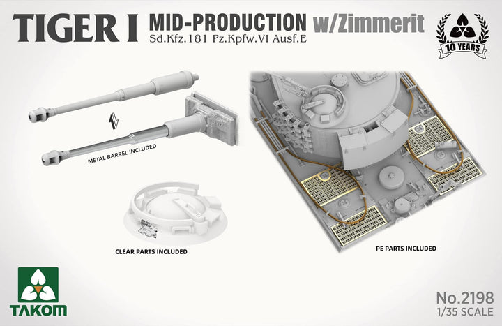 Takom 2198 Tiger I Mid Production w/Zimmerit Sd.Kfz.181 Pz.Kpfw.VI Ausf.E 1/35 Model Kit - A-Z Toy Hobby