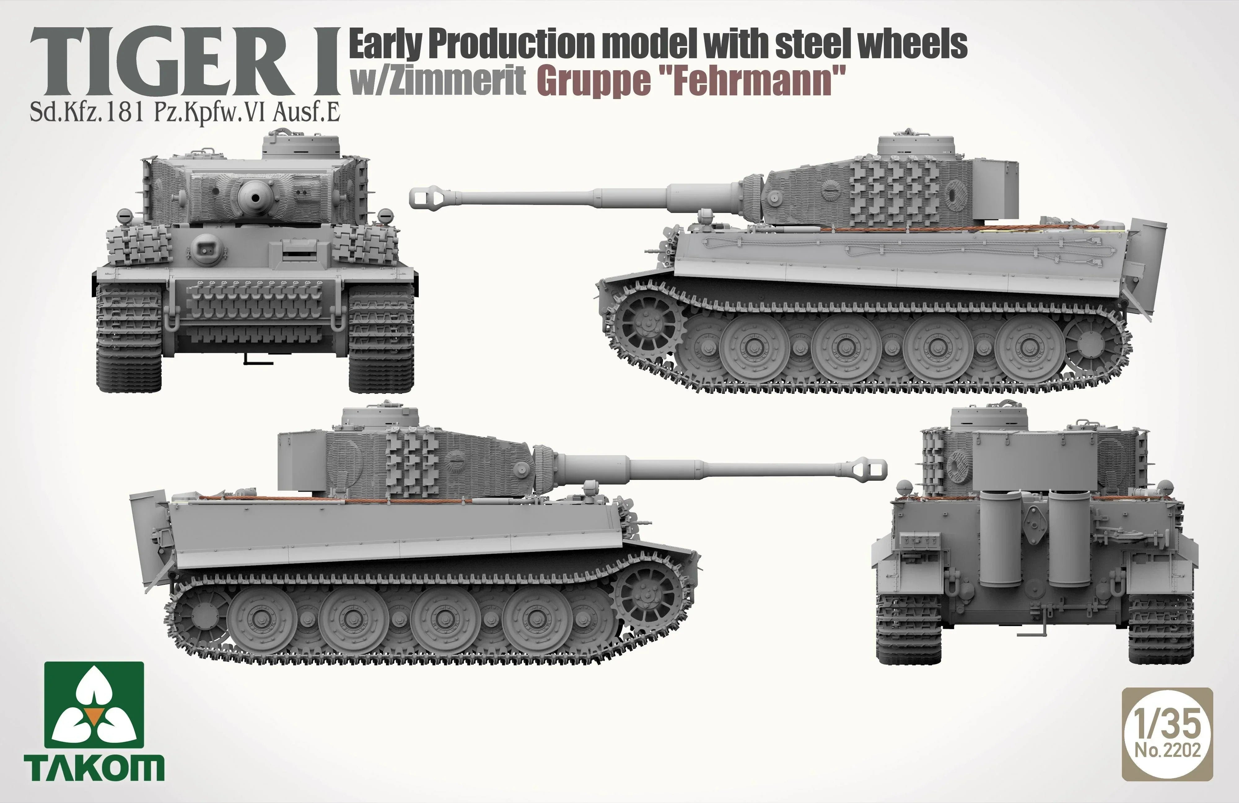 Takom 2202 Tiger I Early Production w/ Steel Wheels Zimmerit Groppe Fehrmann 1/35 Model Kit - A-Z Toy Hobby