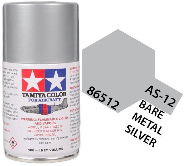 Tamiya 86512 AS-12 Bare Metal Silver Aircraft Lacquer Spray Paint 100ml - A-Z Toy Hobby
